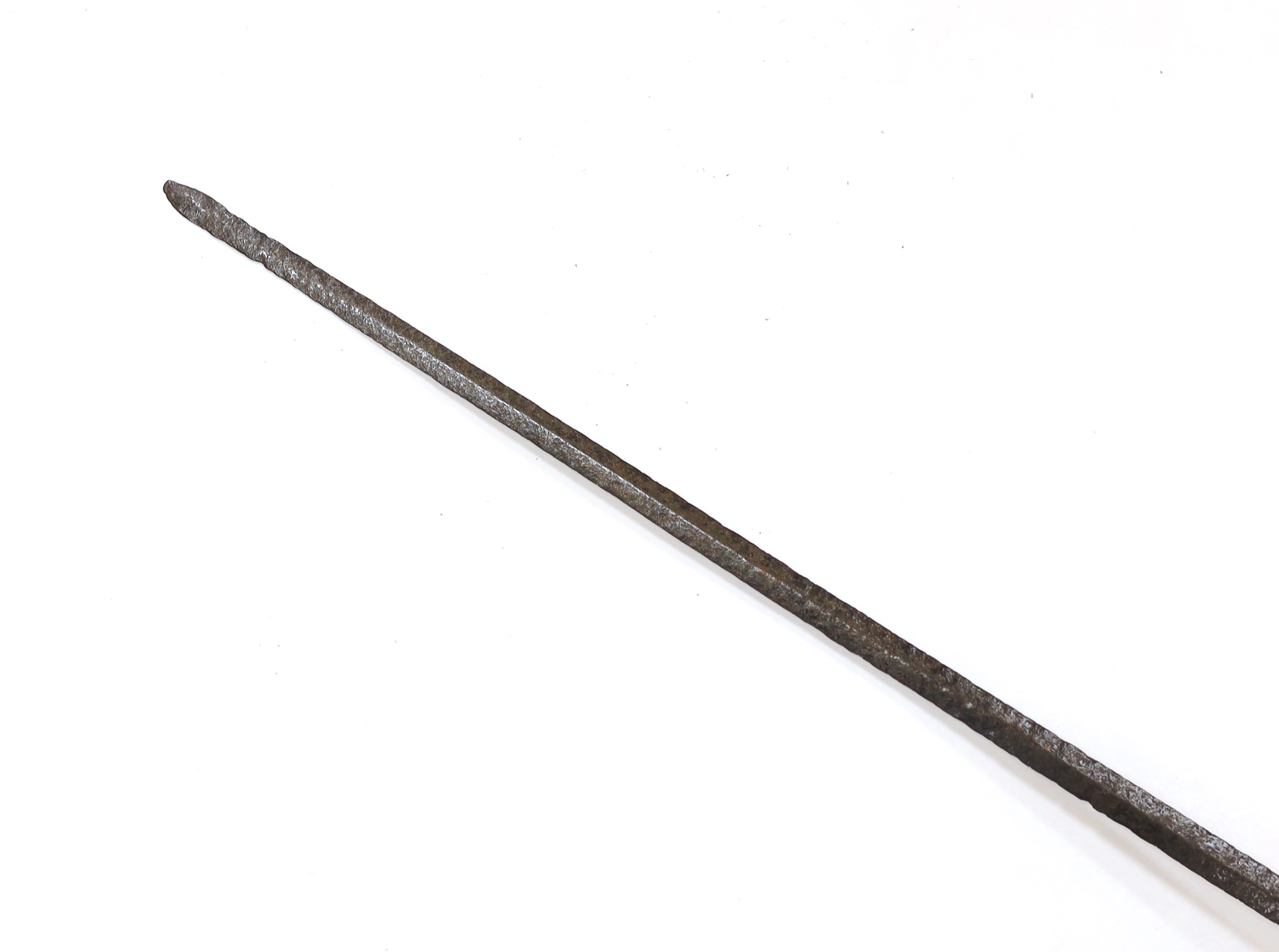 A mid 17th century English rapier, with pierced steel cup guard, loop guard and top of blade, steel pommell and leather grip, blade 77cm